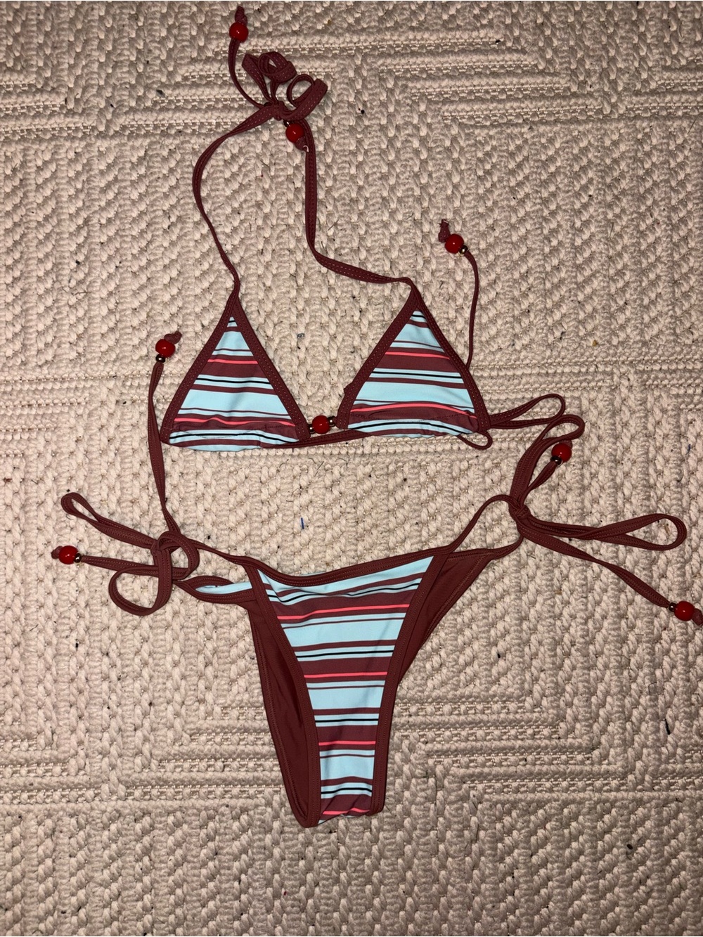 Princess Polly Striped Triangle Tie Bikini in Light Blue and Burgundy